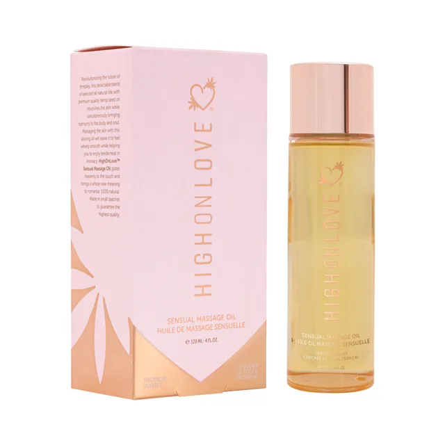 HighOnLove Tropical Sunset massage oil in clear bottle beside pink carton