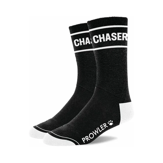 Pair of black Prowler RED Chaser crew socks with white stripes