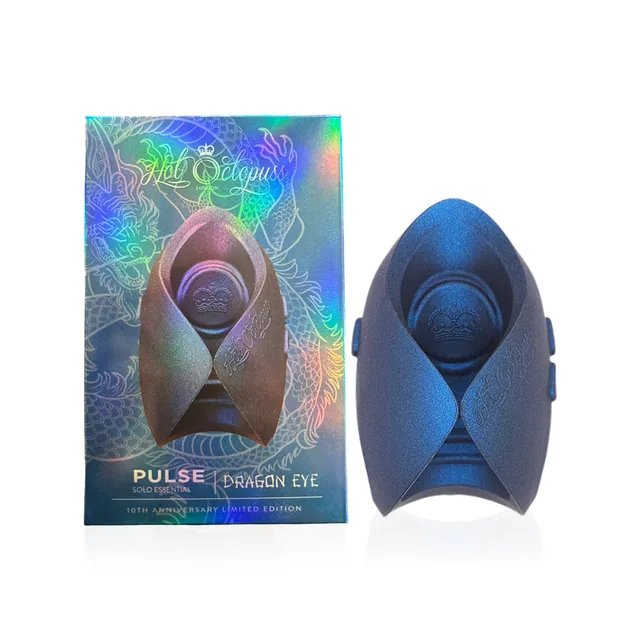 iridescent blue Pulse Dragon Eye oscillator beside holographic retail box