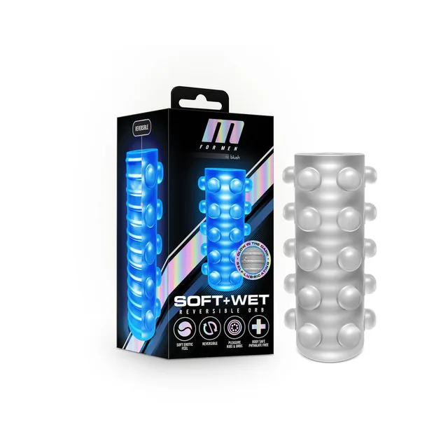 M for Men Reversible Orb retail box beside frosted textured sleeve