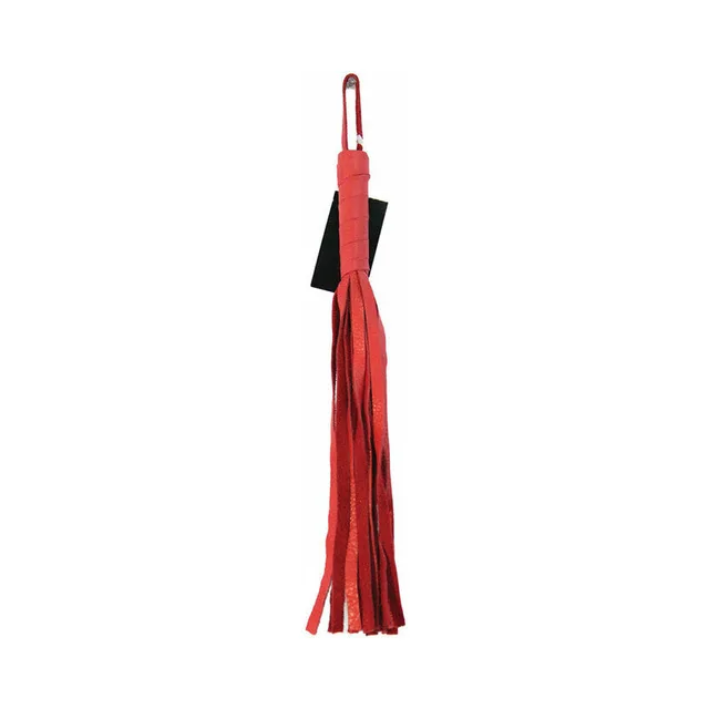16-inch red leather flogger with wrapped handle, loop and scarlet tails