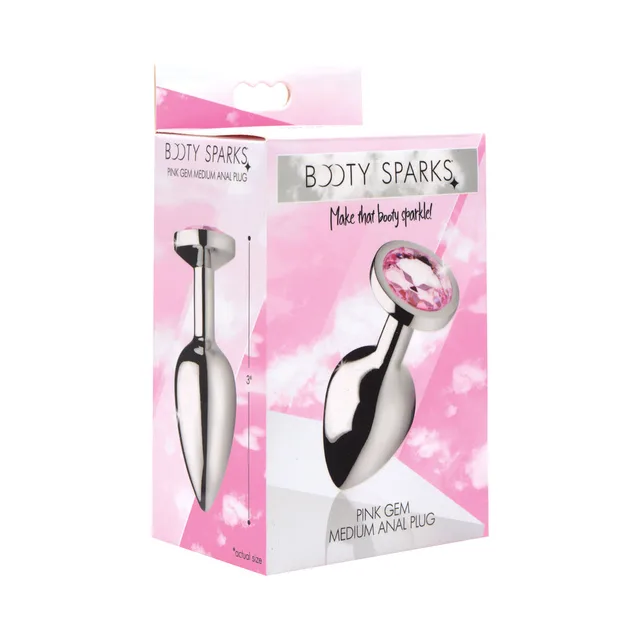 medium silver Booty Sparks anal plug with round pink gem base on pink box