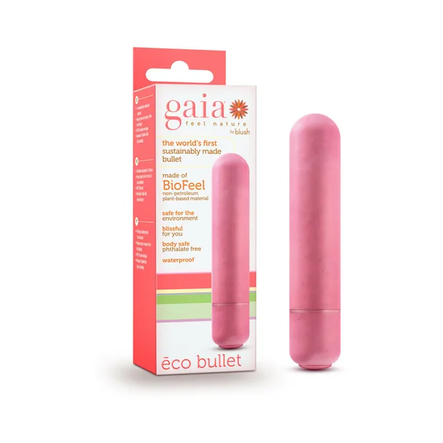 Blush Gaia Eco Bullet coral vibrator beside matching Gaia Eco Bullet retail package
