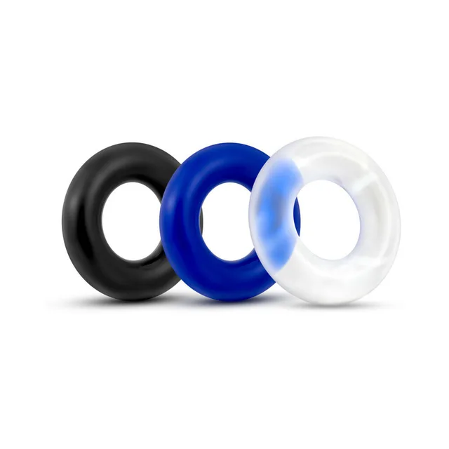 Stay Hard Donut Rings three loose rings in black blue and clear