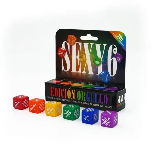 Spanish Sexy 6 Pride Edition display with six rainbow-colored dice
