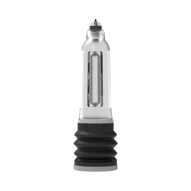 Bathmate Hydromax7 Clear penis pump isolated transparent cylinder with vertical gauge and black bellows base