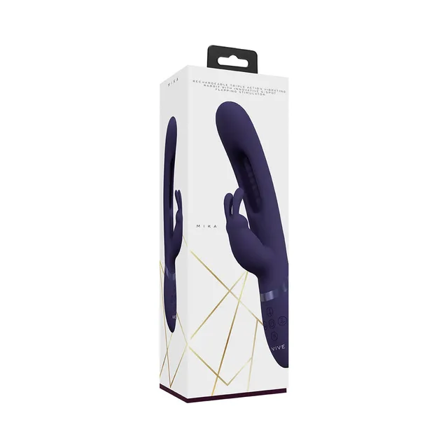 purple VIVE MIKA three-arm rabbit vibrator pictured on white box