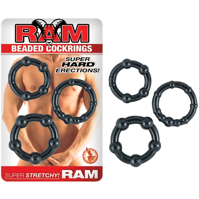 Nasstoys RAM Black Beaded Rings three black beaded rings beside red white hanging card