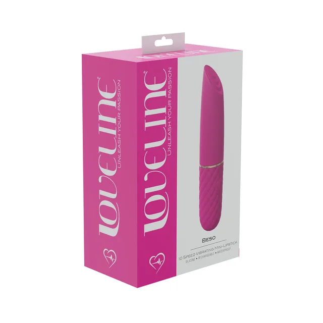 pink LoveLine Beso lipstick vibrator pictured on magenta box