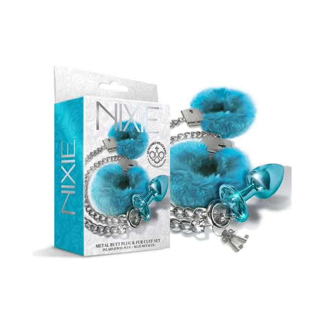 Nixie blue jeweled plug and furry handcuff set beside retail box