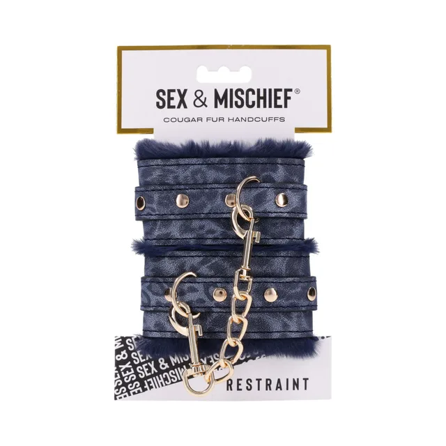 Sportsheets Cougar blue faux-fur handcuffs pair with gold chain mounted on white retail card