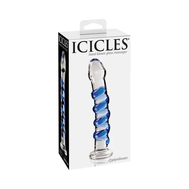 Icicles No. 5 blue ribbed glass dildo displayed in white retail box