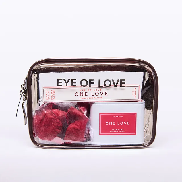 Eye of Love One Love gift set roll-on, candle and red petals inside clear pouch