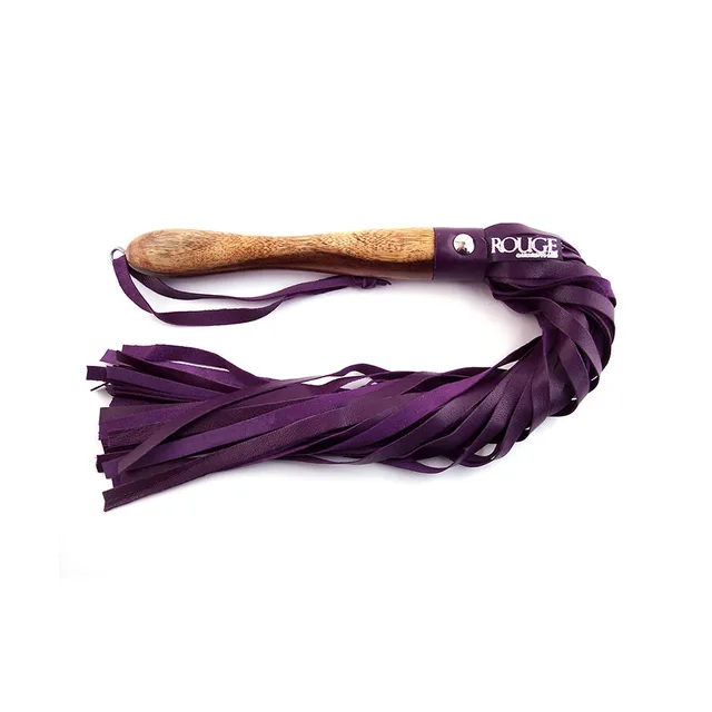 Purple leather Rouge flogger with natural wood handle and wrist loop