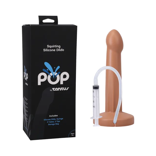 Tantus POP honey dildo with syringe beside black retail box