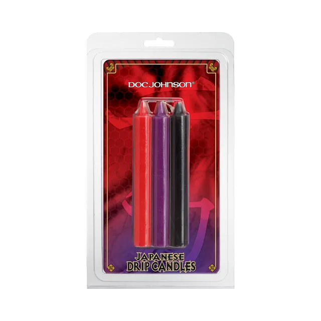 Doc Johnson Japanese Drip red purple and black candles in package