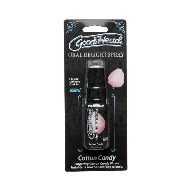 Doc Johnson GoodHead Cotton Candy Oral Delight spray inside black retail card with matching fruit graphic