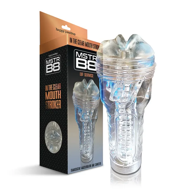 Clear MSTR B8 mouth stroker beside black Lip Service box