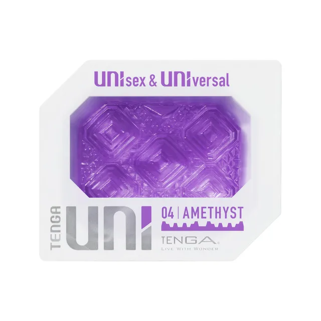 Purple TENGA UNI Amethyst faceted elastomer piece in octagonal package