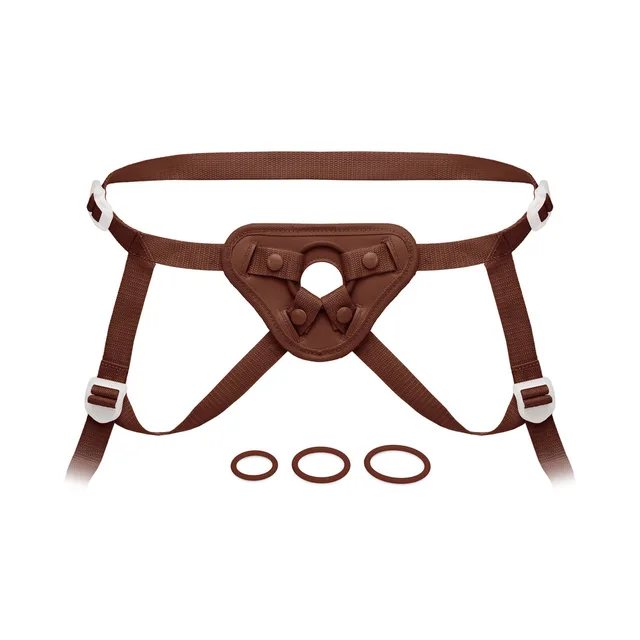 Together Toy NudeFit dark brown strap-on harness laid flat with three rings