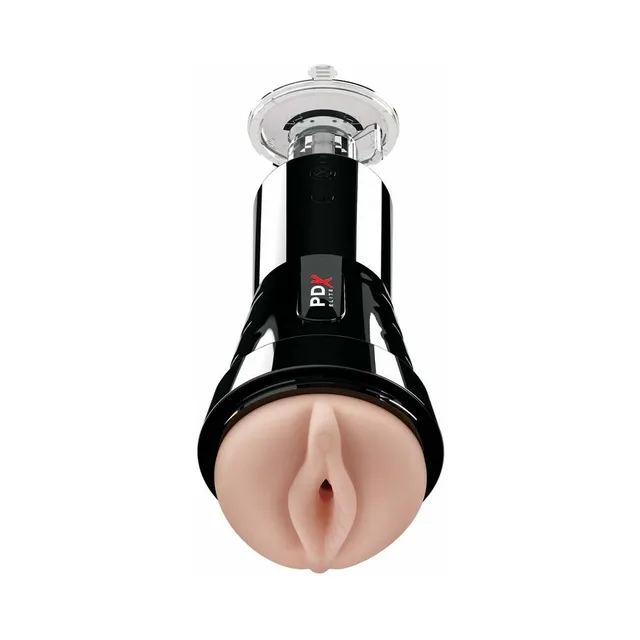 PDX Elite Cock Compressor Rechargeable Stroker front view with beige opening and clear base
