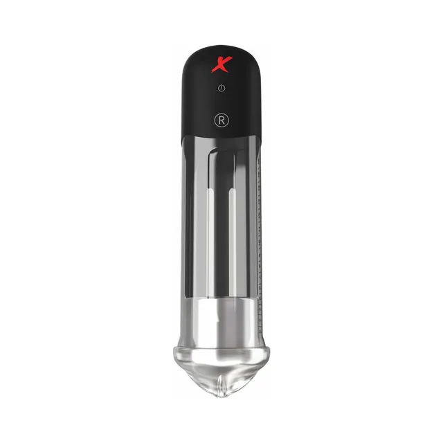 PDX Elite Blowjob Power Pump Clear Black upright front with transparent chamber
