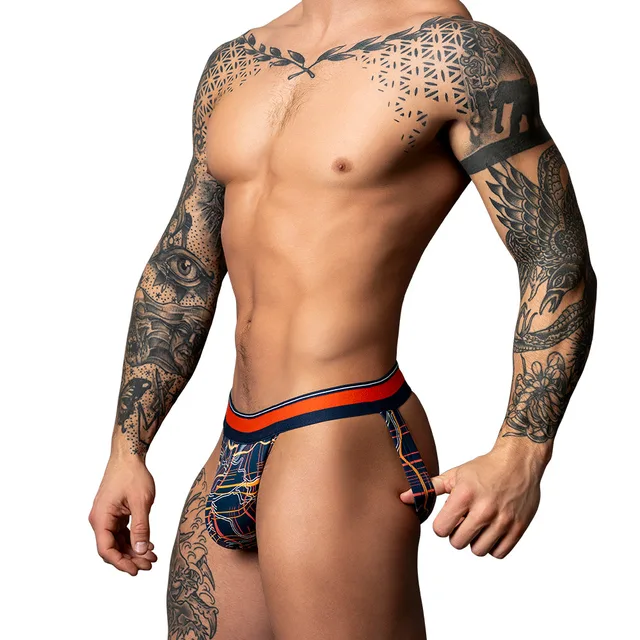 Male Power Soo Cumfy L/XL navy and orange jock side view worn by model