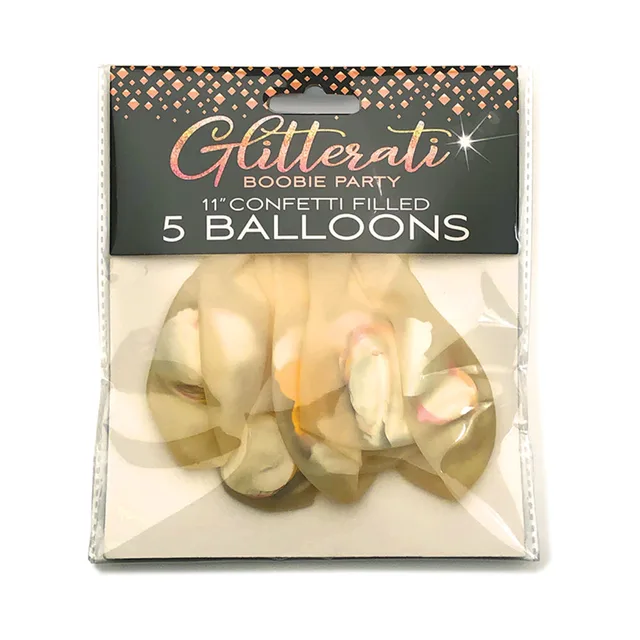 Pack of five Glitterati Boobie balloons with metallic confetti