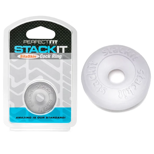 Perfect Fit Stackit Clear TPE Ring white hanging card beside clear donut-shaped ring