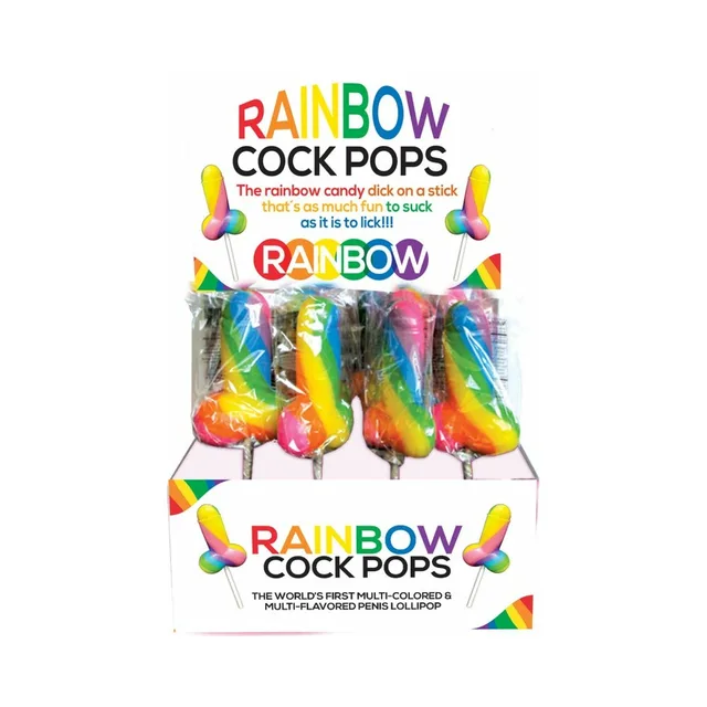 Rainbow Cock Pops display with 12 wrapped striped lollipops