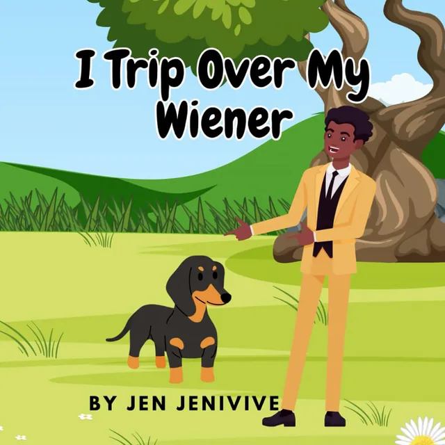 Front cover of I Trip Over My Weiner adult parody book with a man with a small dog beside a tree in a green landscape