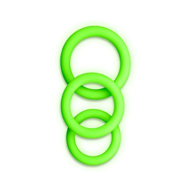 Three graduated neon-green Ouch silicone rings