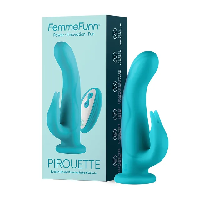 FemmeFunn Pirouette turquoise vibrator beside aqua retail box with curved shaft, side arm and oval controller