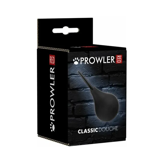 Prowler RED medium black bulb douche shown on black Classic Douche carton with brick wall graphic
