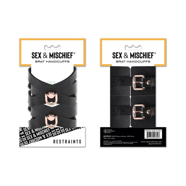 Sportsheets Sex and Mischief Brat black handcuffs front and rear retail package views