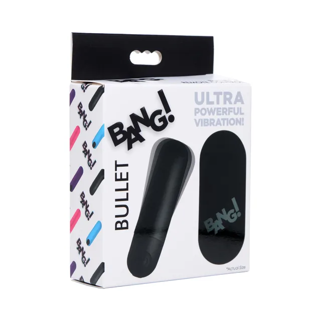 black BANG bullet vibrator beside matching wireless remote on white box
