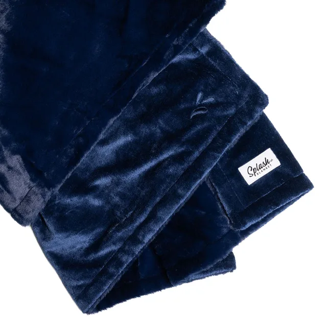 Splash Blanket Furlush large navy blanket folded with logo patch