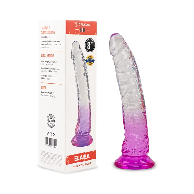 Camtoyz Elara clear and purple dildo beside red and white retail box