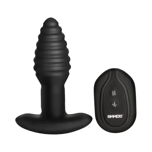 Rimmers Model-E upright ribbed plug beside black two-button remote