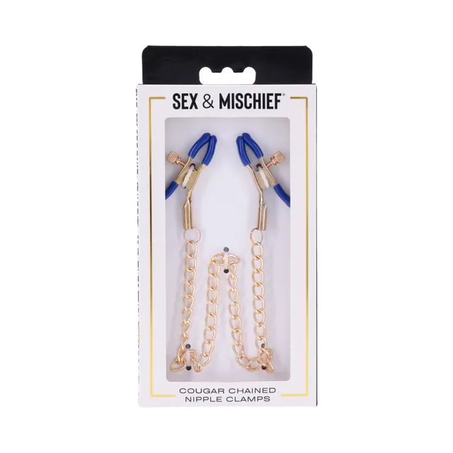 Sportsheets Cougar chained blue-tip nipple clamps pair arranged vertically in white window box