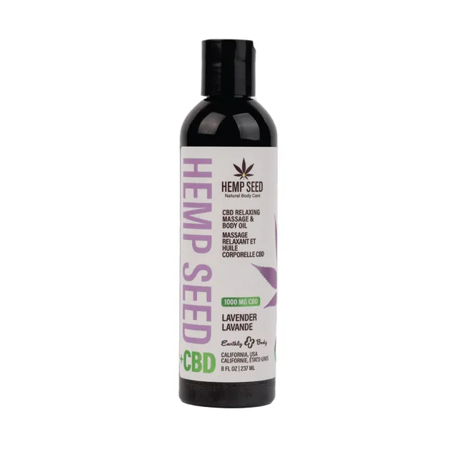 Front of 8 oz Earthly Body Hemp Seed CBD Lavender oil bottle