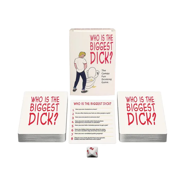 Who's the Biggest Dick white game box with two card stacks and sample prompt card