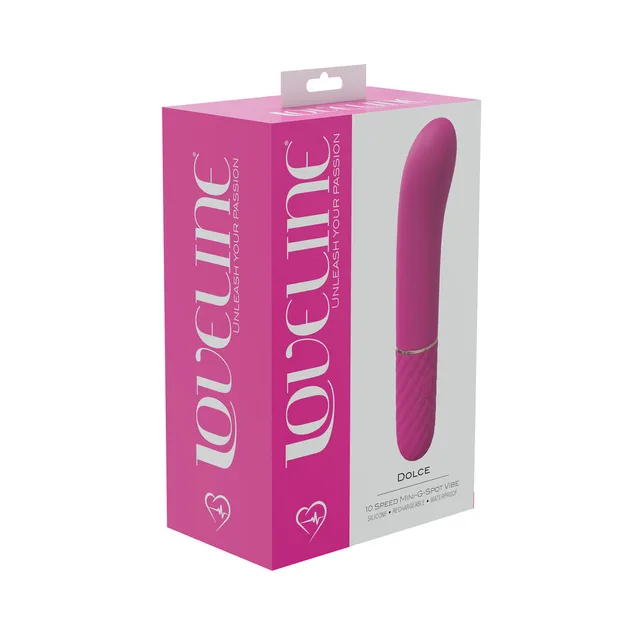 pink LoveLine Dolce curved-head vibrator pictured on magenta box