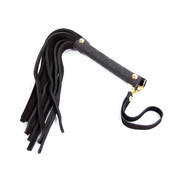 Angled view of black mini flogger and wrist loop