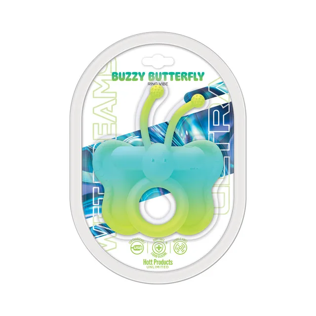 Aqua and green Buzzy Butterfly vibrating ring in clear package