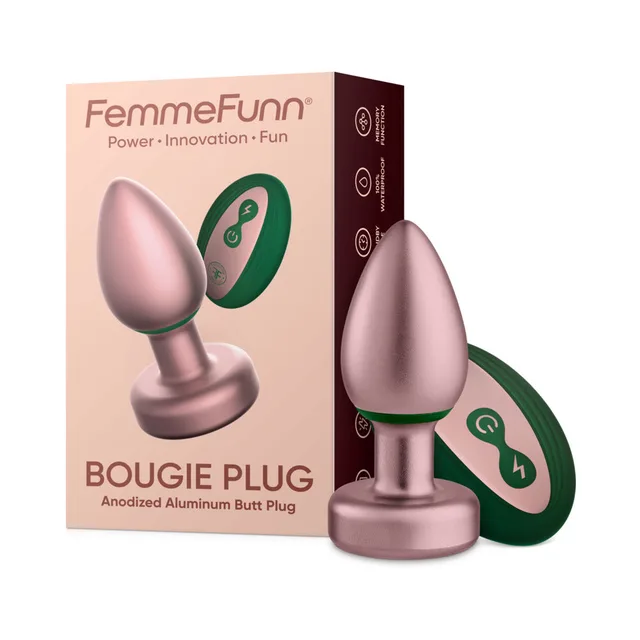 Rose-gold FemmeFunn Bougie vibrating plug with remote and retail box
