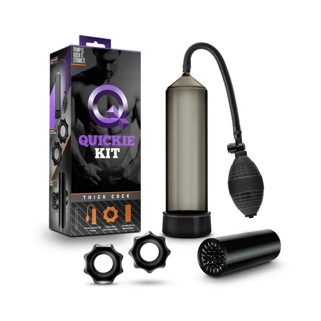 Blush Quickie Kit smoke-black pump set beside black-and-purple Quickie Kit retail box
