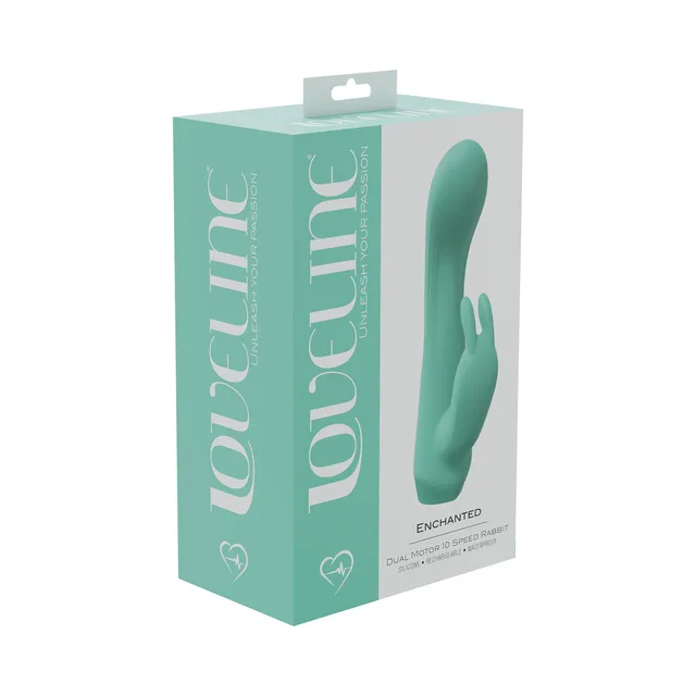 green LoveLine Enchanted dual-arm rabbit vibrator on aqua box
