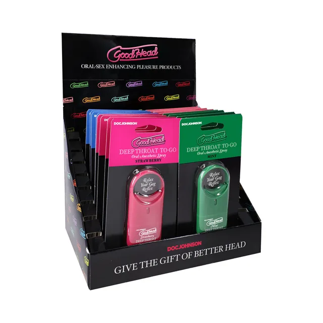 GoodHead Deep Throat To-Go display with pink and green spray packs