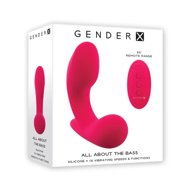 Gender X All About the Bass red remote vibrator with matching handheld remote in white retail box